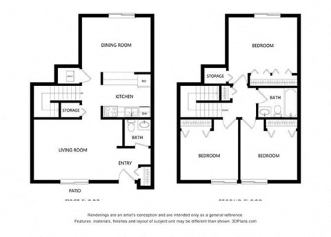 Floor plan for 3 beds, 2 baths, 1252 sqft